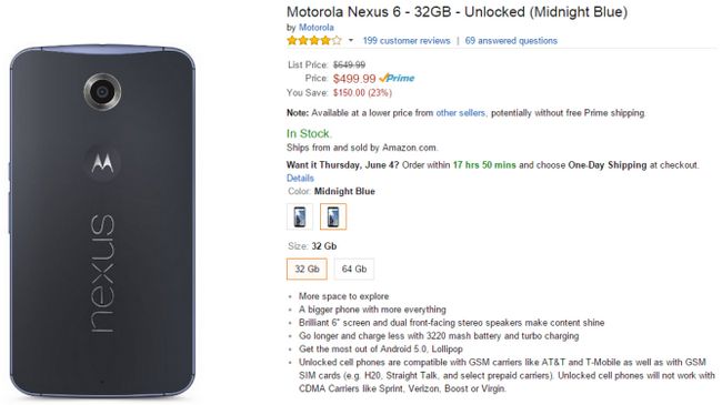 Fotografía - [Offre Alerte] Amazon Matchs Prix Drop de Google sur le Nexus 6- $ 499 32 Go et 64 Go 549 $ Dans les deux couleurs
